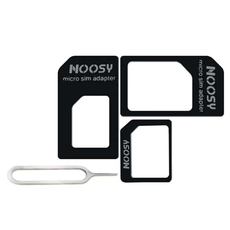 Three SIM card adapters for nano to micro and standard conversion in black and white colours