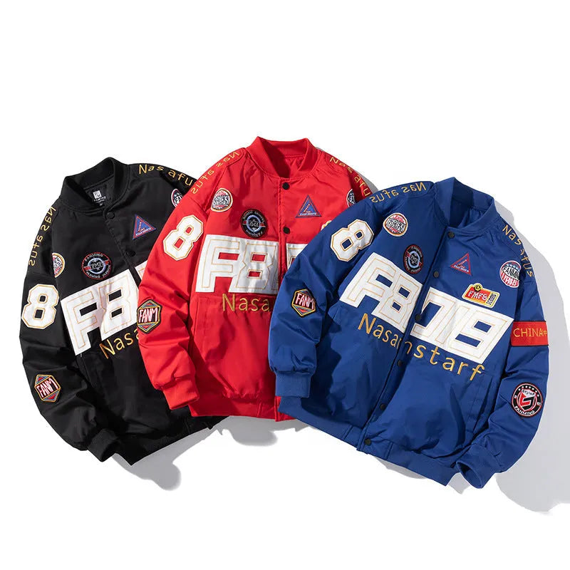 Motorcycle baseball uniform jacket with hood in black, red or blue colours for autumn winter riding