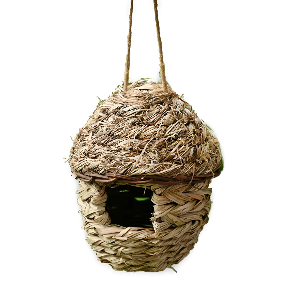 Hand-woven natural grass bird nest with hanging loop, gourd shape, for garden birds