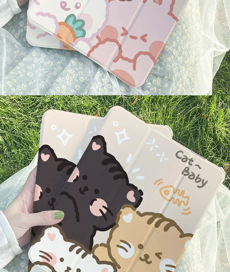 Silicone iPad tri-fold case with a cartoon rabbit design, laid flat.