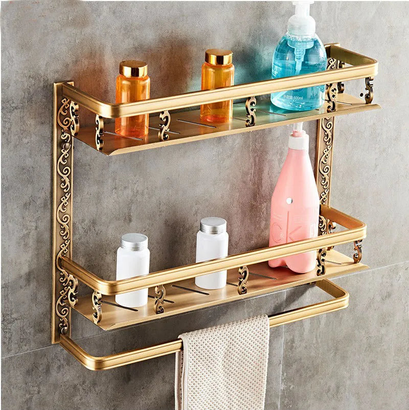 Double-layer black bathroom shelf made of aluminium-magnesium alloy with anodised brushed finish, wall-mounted with pole