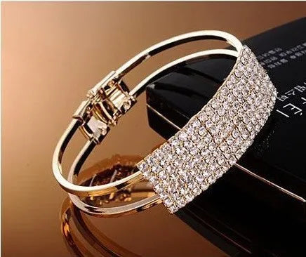 Multi-row rhinestone bracelet on alloy frame, gold colour, Korean style, clean rhinestone inlays