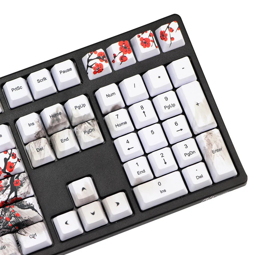PBT keycap set with Wangjiang plum blossom design, showing Japanese, Korean, and US English legend options