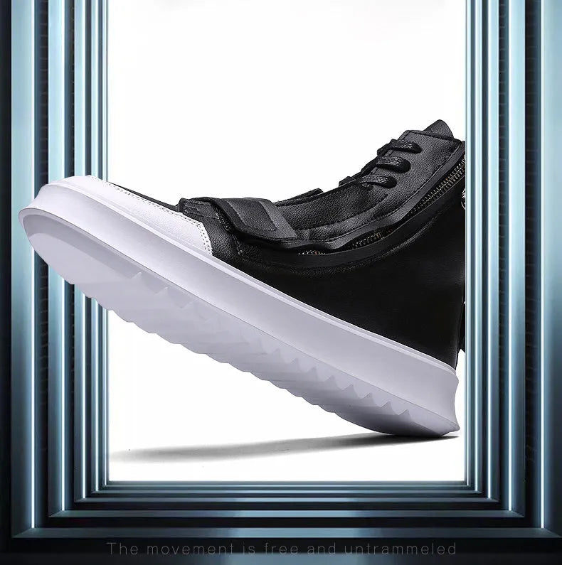 Men's black and white microfiber leather ankle boots in high-top sneaker style, shown with size chart.