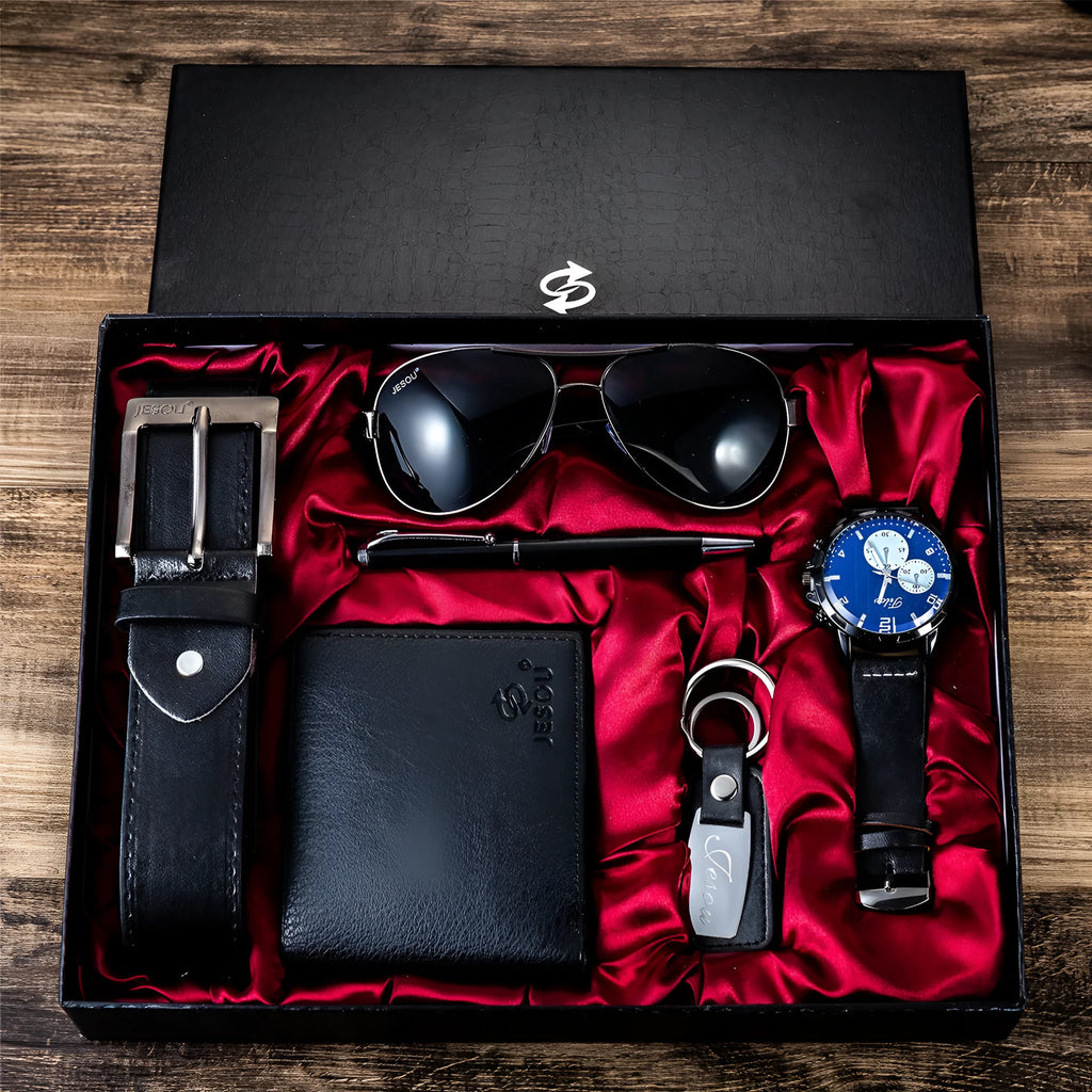 Men's black quartz watch set with 40mm round alloy case, PU strap, pin buckle, and chronograph display