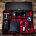 Men's black quartz watch set with 40mm round alloy case, PU strap, pin buckle, and chronograph display