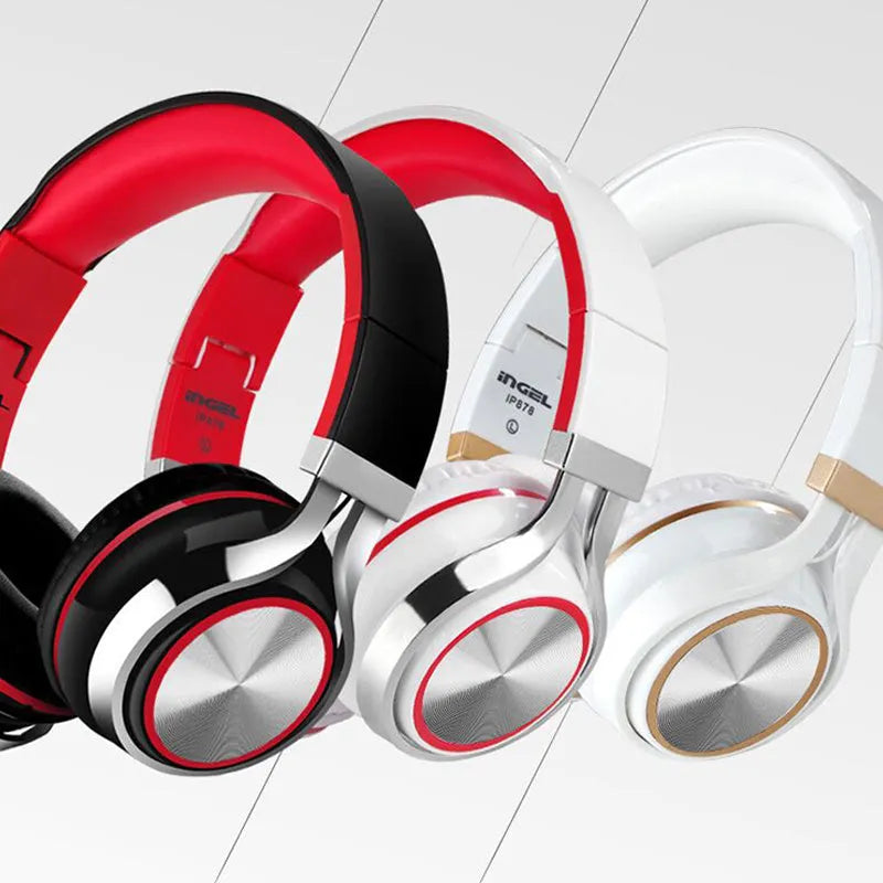 Folding black Bluetooth headset with 40mm speakers shown in open and closed positions.