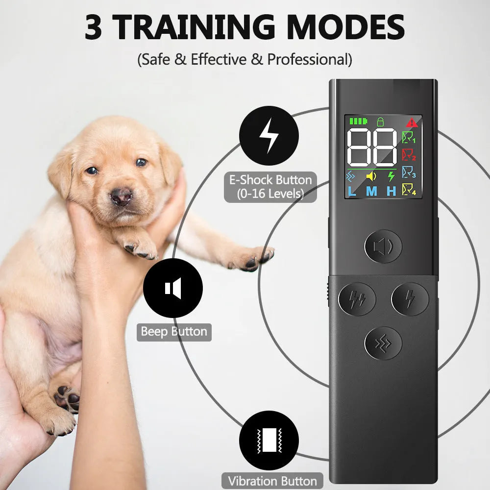 Wireless bark stopper dog training system with remote control and receiver collar, featuring colour screen display