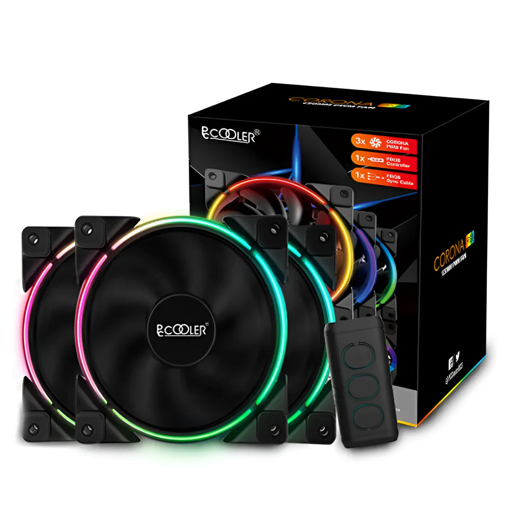 Three black 120mm ARGB PC cooling fans with plastic blades and frames