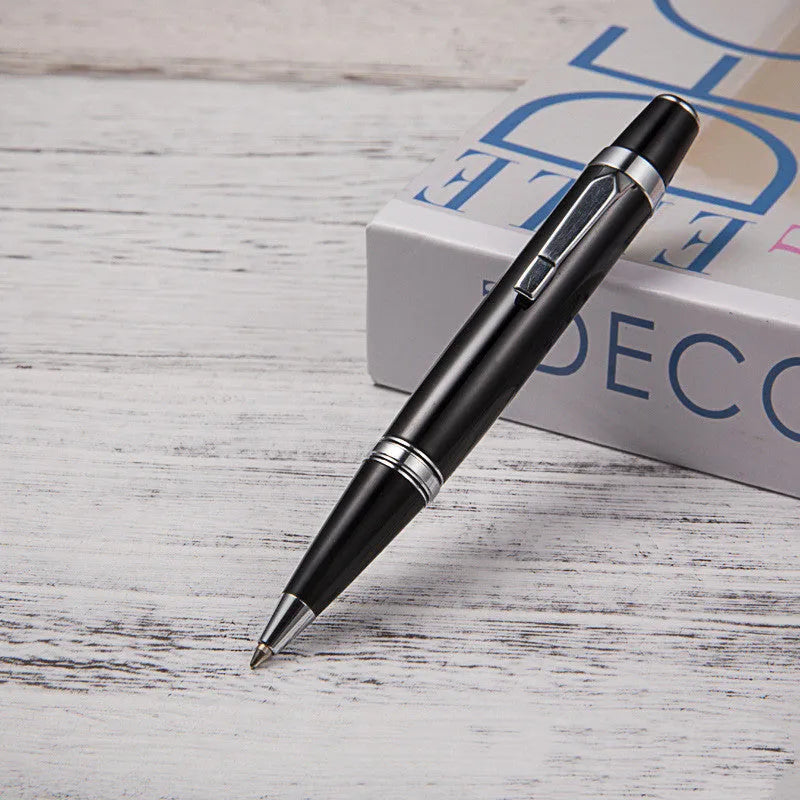 Short black metal ballpoint pen with rotating mechanism and 112mm length