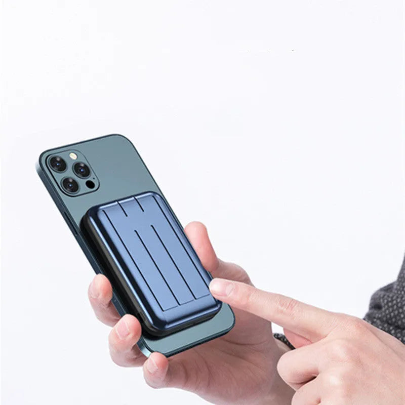 Blue magnetic wireless charging power bank showing dimensions and USB ports