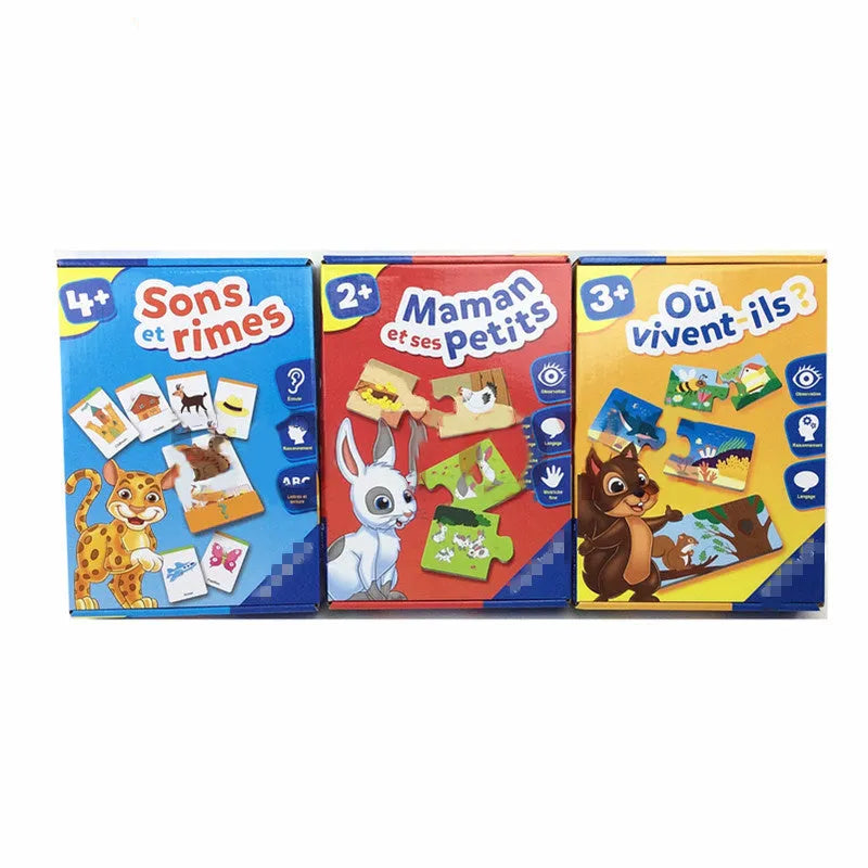French children's puzzle toy with 24 picture and word matching pieces on thickened paper plate