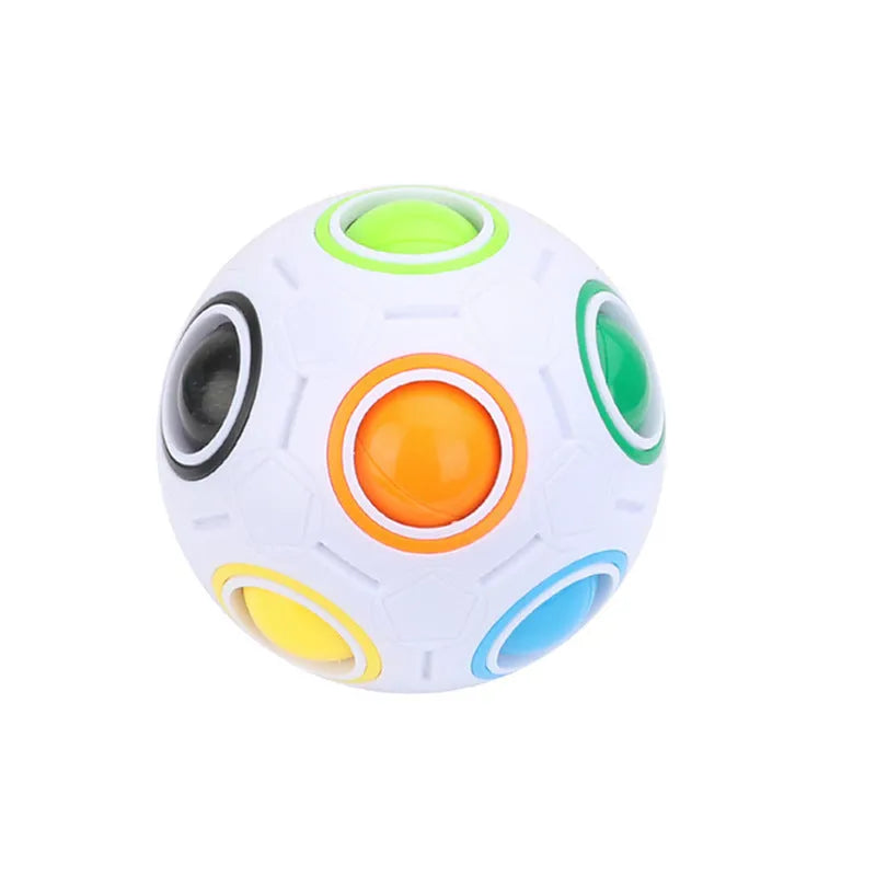 7cm rainbow coloured plastic puzzle ball with visible holes and movable balls
