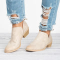 Women's butterfly-knot slip-on ankle boots in faux suede with square heel and pointed toe, available in Beige, Black, and Pink