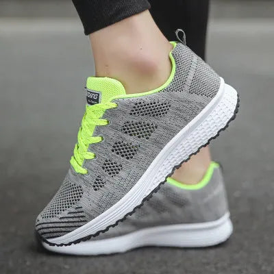 Women casual breathable mesh walking flat shoes with white flying woven upper and MD outsole