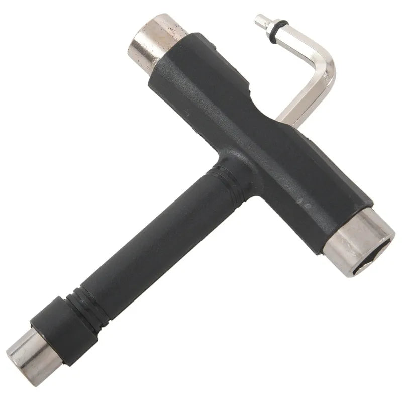 Steel skateboard T-wrench with 9.5mm 13mm 14mm sockets and plastic edging handle