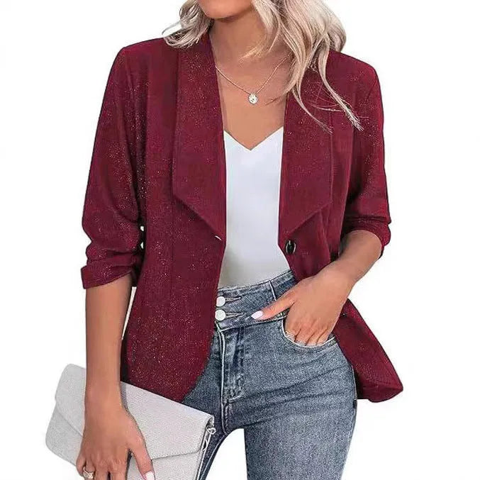Slim-fitting cardigan jacket on a hanger, shown in black, white, and wine red colour options.