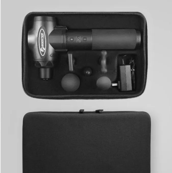 Black and white muscle relaxation massager with lithium battery showing 1800-3200r/min speed and 12mm stroke specifications