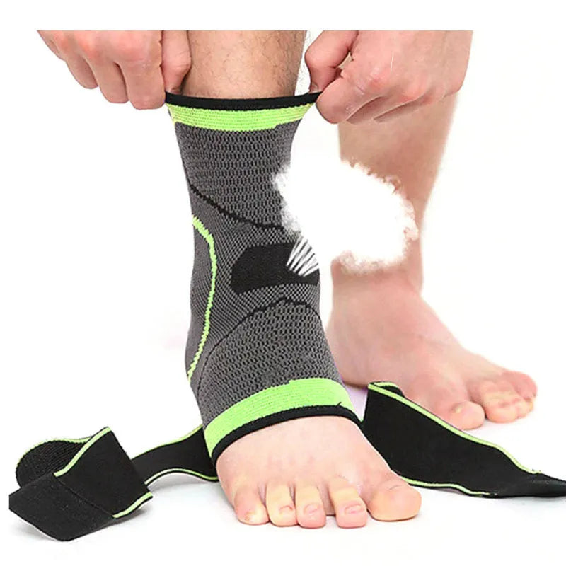 Compression sports ankle support in green, black, and orange colours with free-size elastic fit