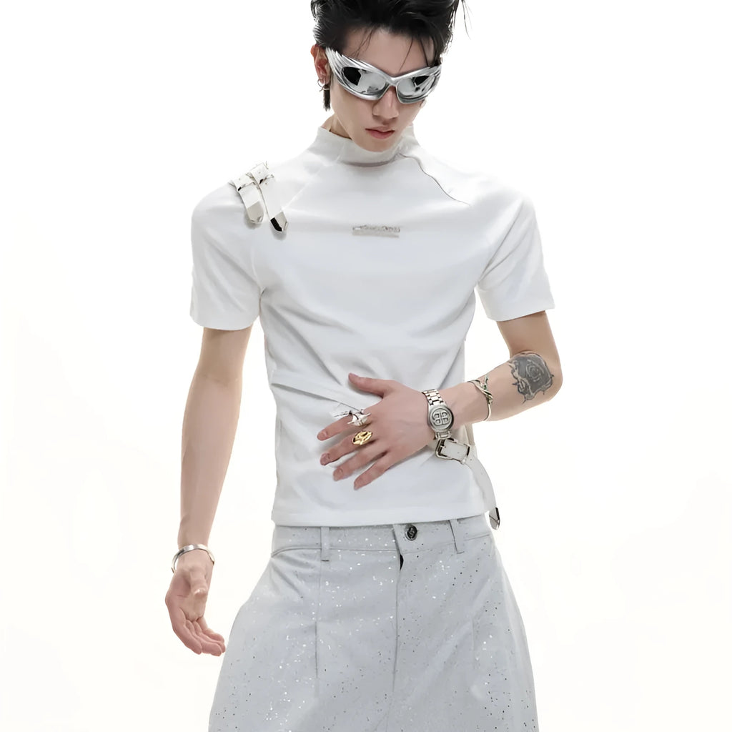 Men's slim fit black cotton T-shirt with small stand-up collar and metal belt design detail