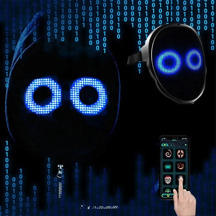 LED luminous face mask with full colour display showing character design, featuring gesture control sensor and comfortable silicone interior