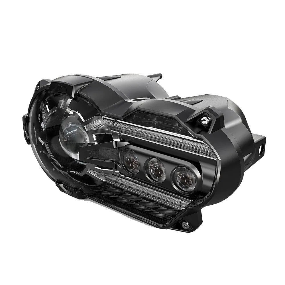 Black motorcycle LED headlight unit showing dimensions of 267mm width by 172mm depth