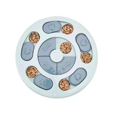 Blue slow feed dog bowl with non-slip base and food sections, made from thickened PP material