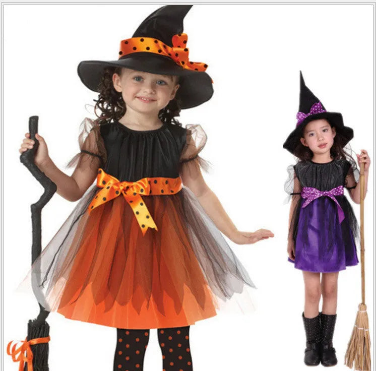 A child's witches costume for role play made from linen-blend fabric, shown on a hanger.
