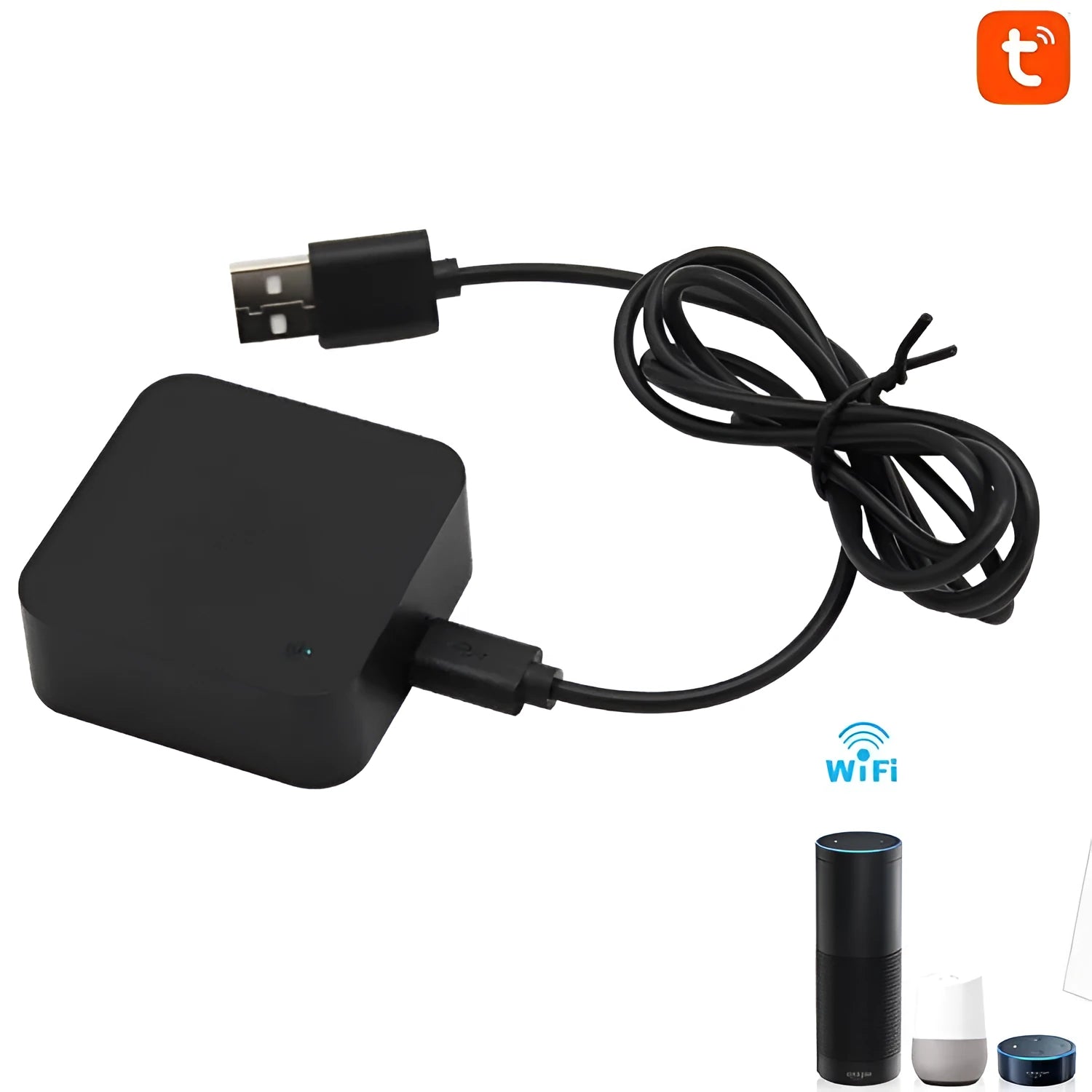 Black universal infrared remote control for voice assistant systems with USB cable