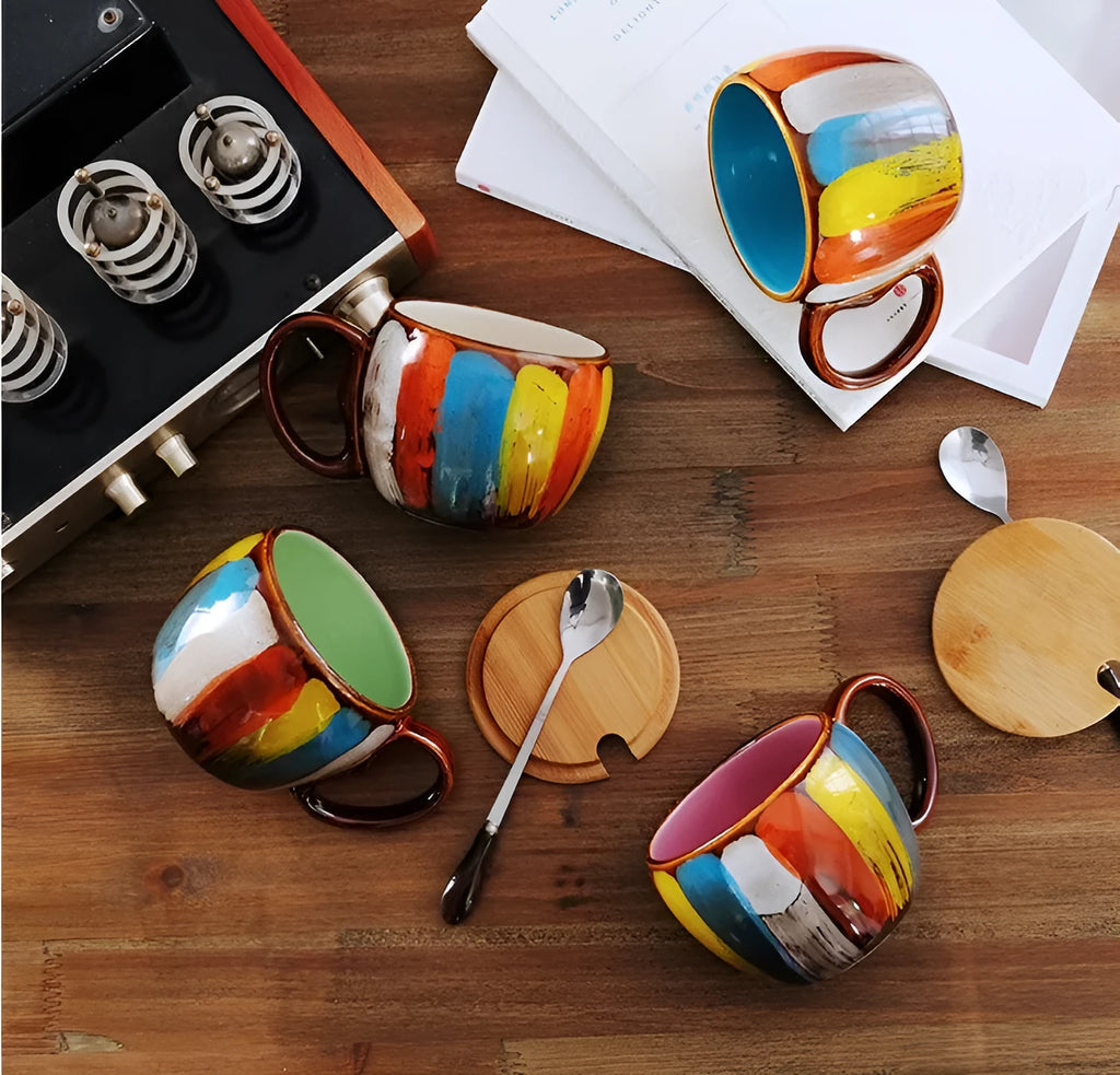 Handmade ceramic mug with lid and spoon in vibrant blue 350ml