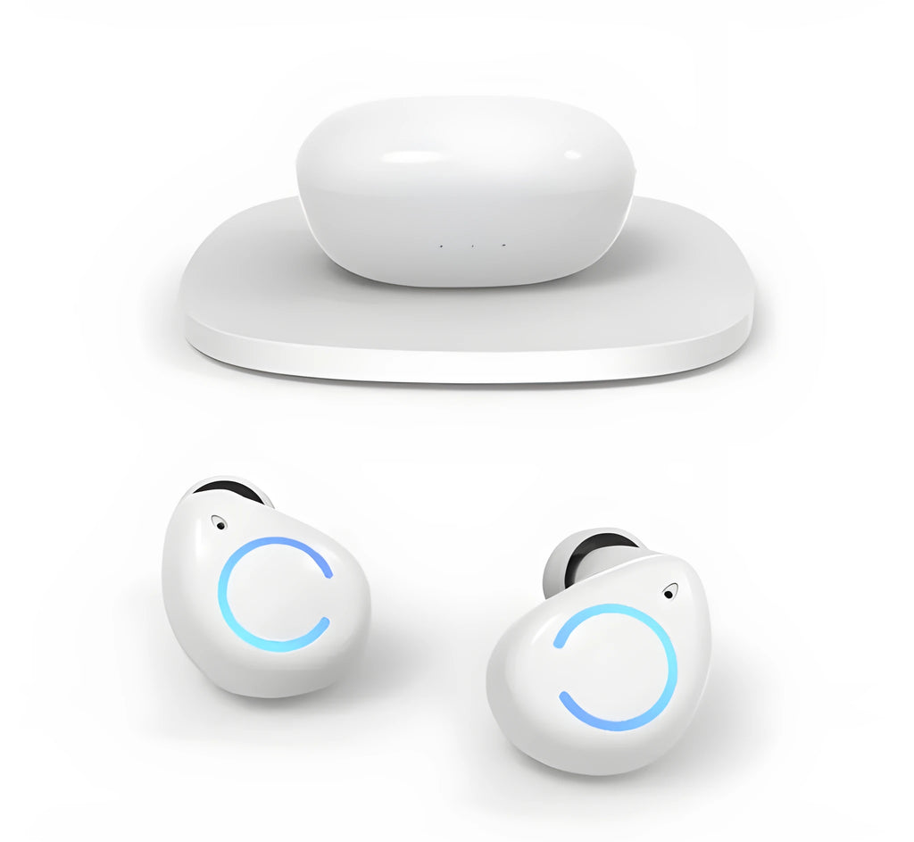 Black and white M18 true wireless Bluetooth in-ear headphones with charging case.