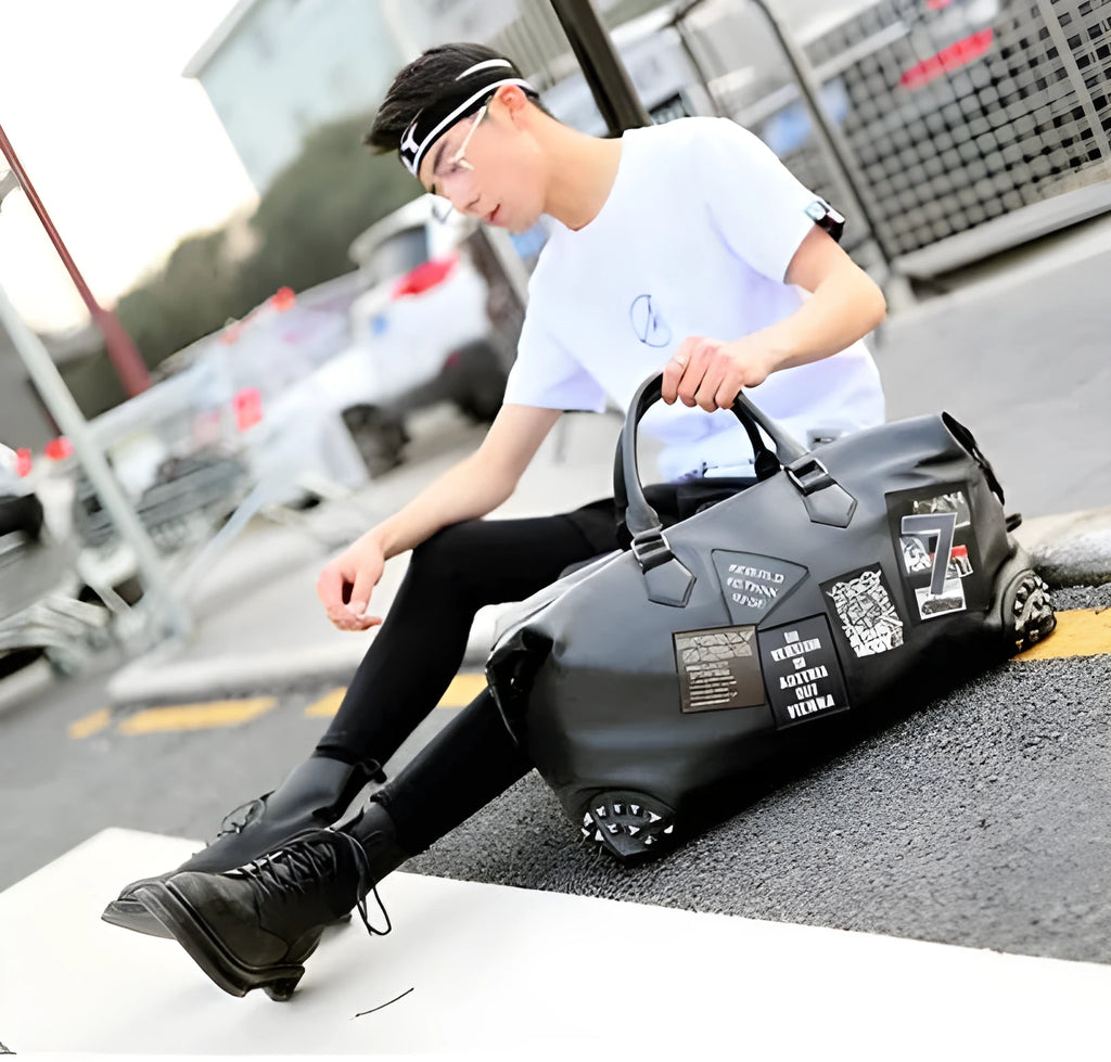 Black thick PU leather gym bag with adjustable shoulder strap fits 14-inch notebook