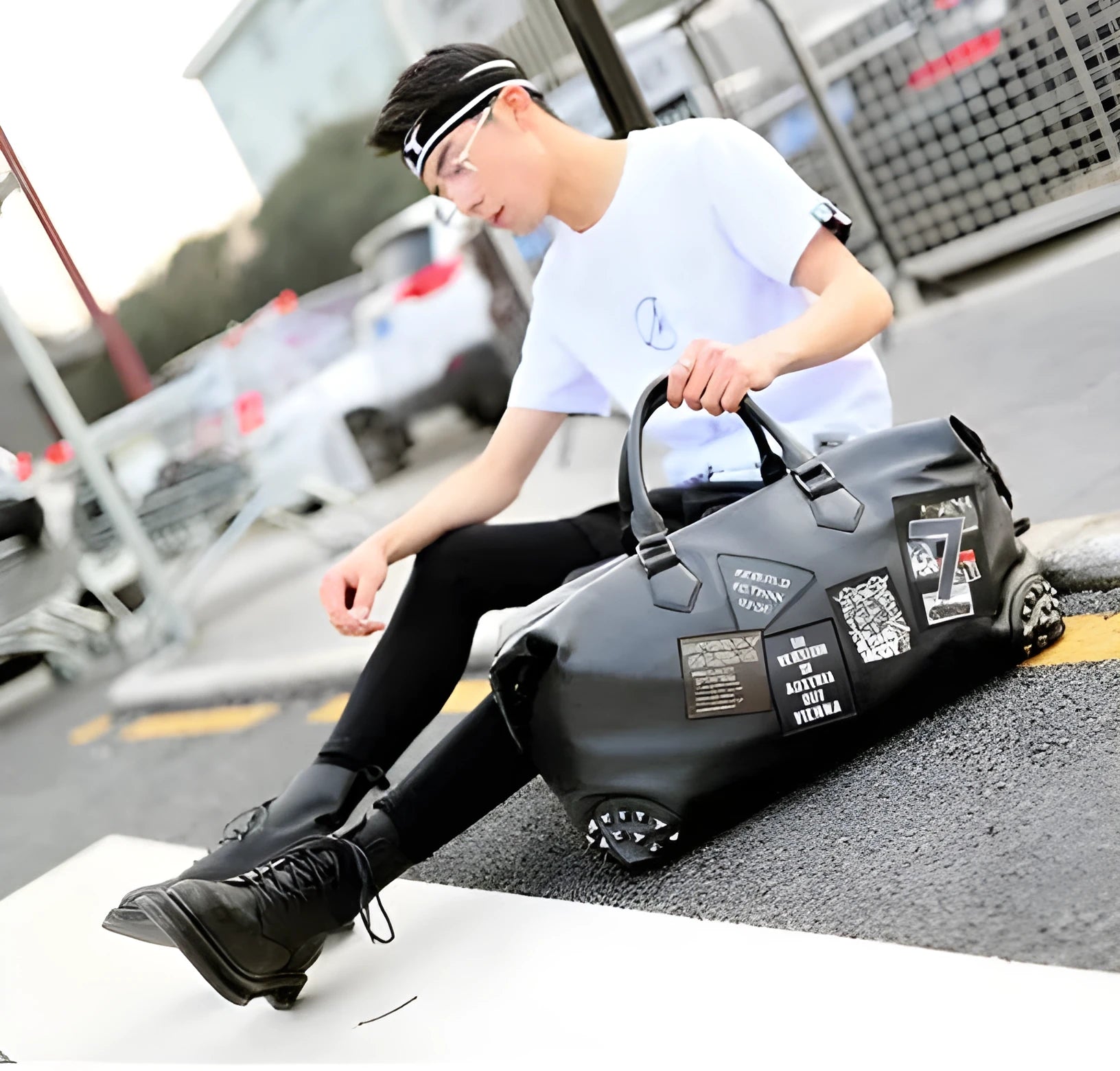 Black thick PU leather gym bag with adjustable shoulder strap fits 14-inch notebook