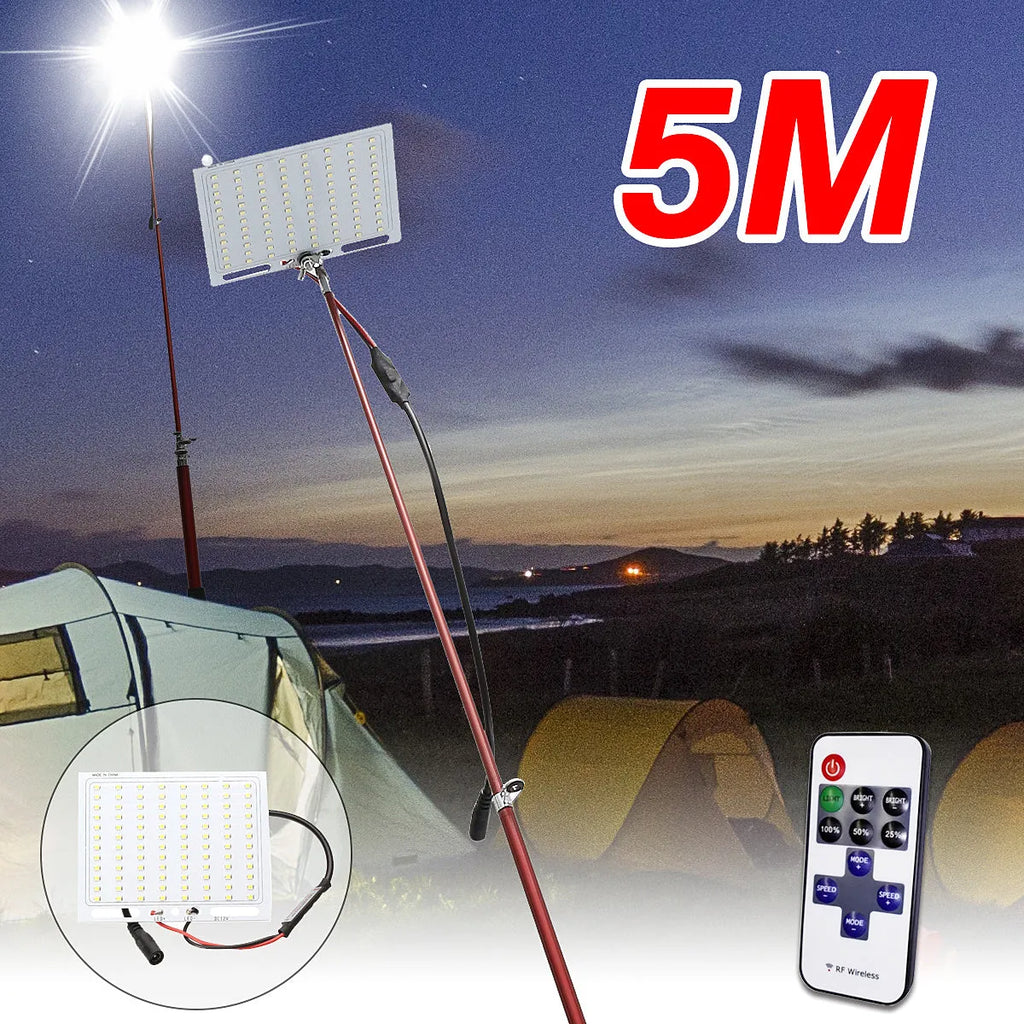 LED fishing rod light with telescopic pole extended, showing white LED array and remote control