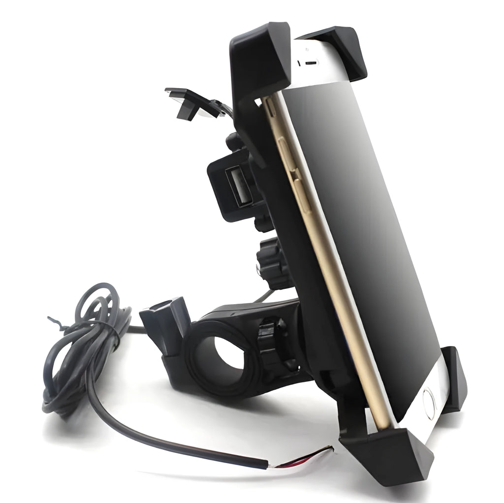 Black ABS motorcycle phone holder mounted on handlebar with adjustable arms and USB charging port