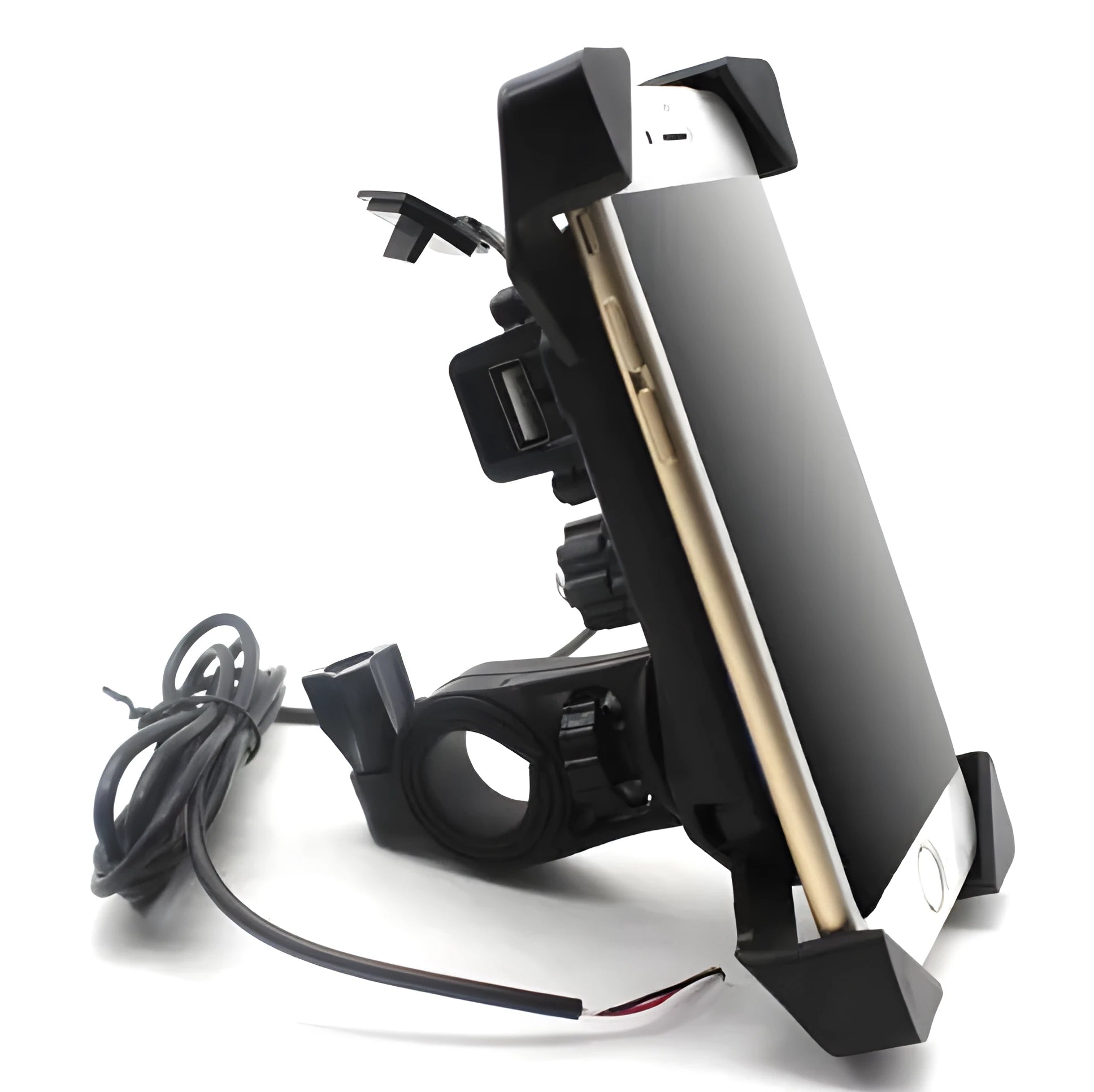 Black ABS motorcycle phone holder mounted on handlebar with adjustable arms and USB charging port