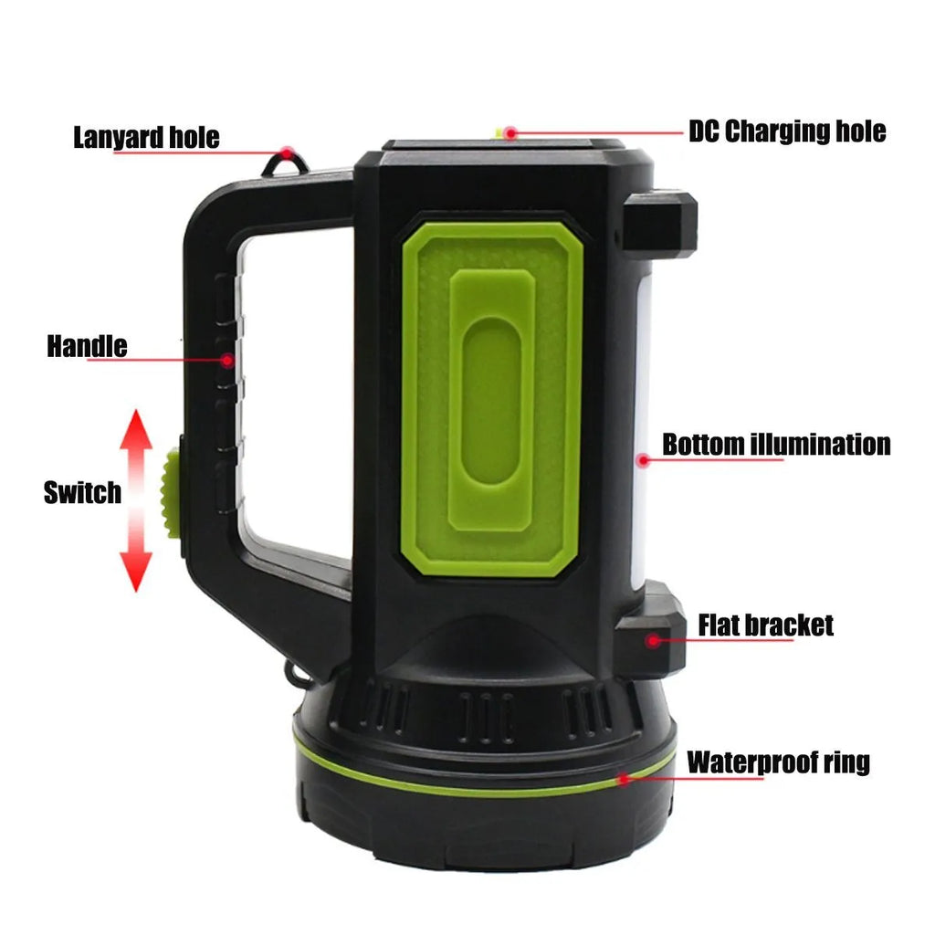 Green USB rechargeable LED flashlight with super bright beam showing 500m range