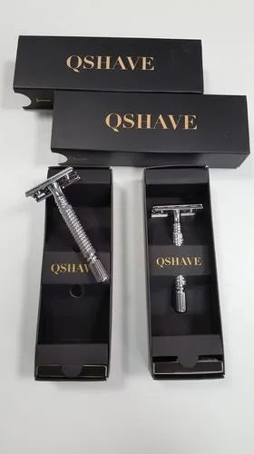 Chrome finished double edged safety razor with weighted handle and storage box