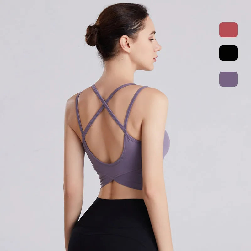 Women's nylon yoga fitness top in black with size chart, available in S to XL for gym workout
