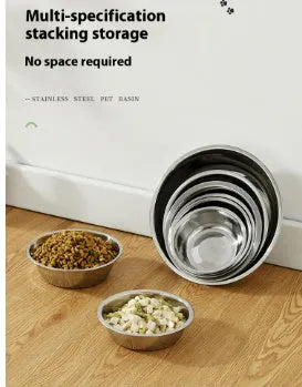 Stainless steel pet food bowl with grey silicone non-slip base, shown in multiple available sizes.