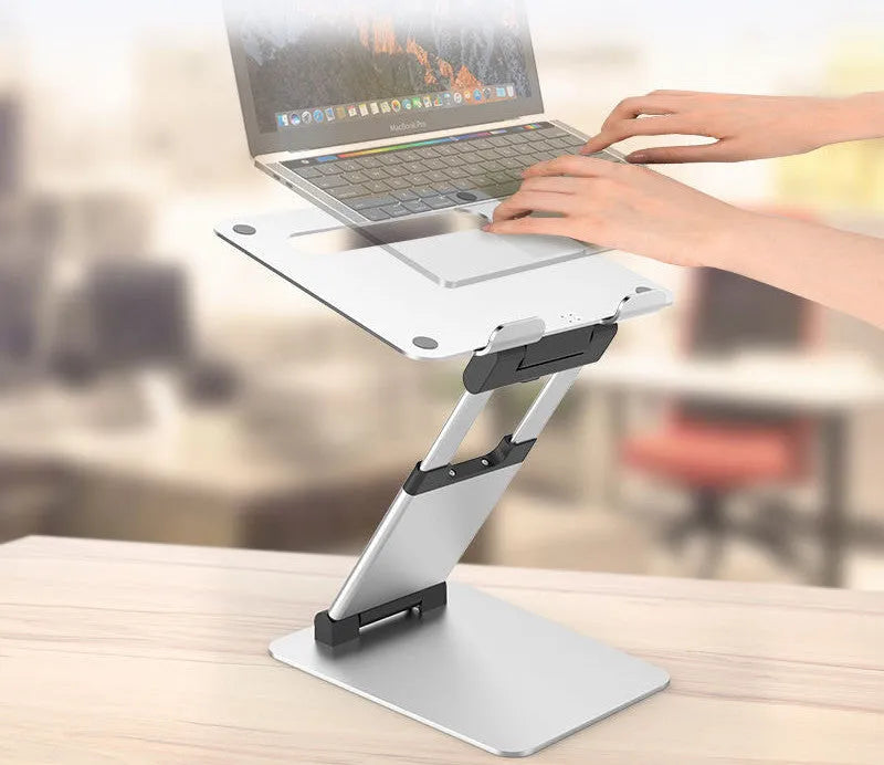 Silver folding double-arm stepless laptop stand for 17 inch notebook, about 70cm sight height, 30KG load
