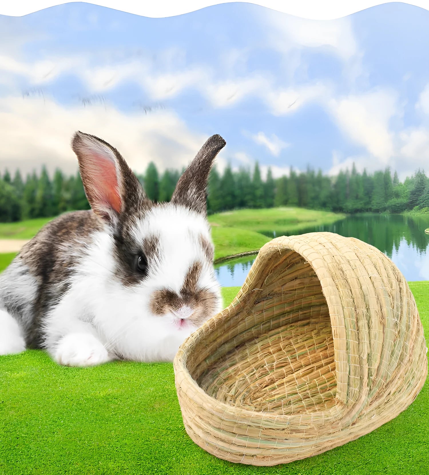 Natural hand-woven straw grass nest for small pets, bridge hole cradle shape, size S