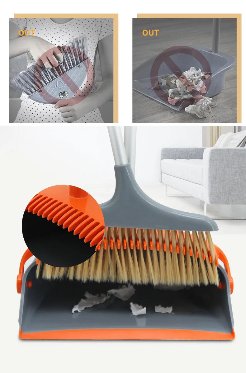 Upgrade colour foldable broom dustpan combination set with bucket and double pole cleaning tools on kitchen floor