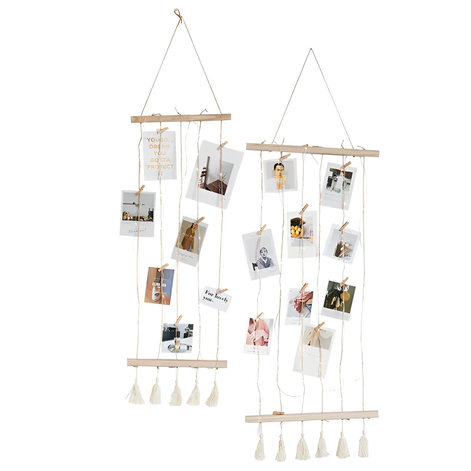 Wooden stick frame wall pendant with hemp rope twine and wooden photo clips in natural materials