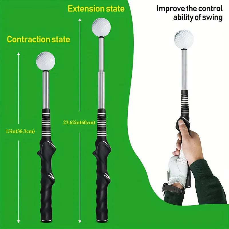 Telescopic stainless steel golf swing trainer shown extended, in black colour.