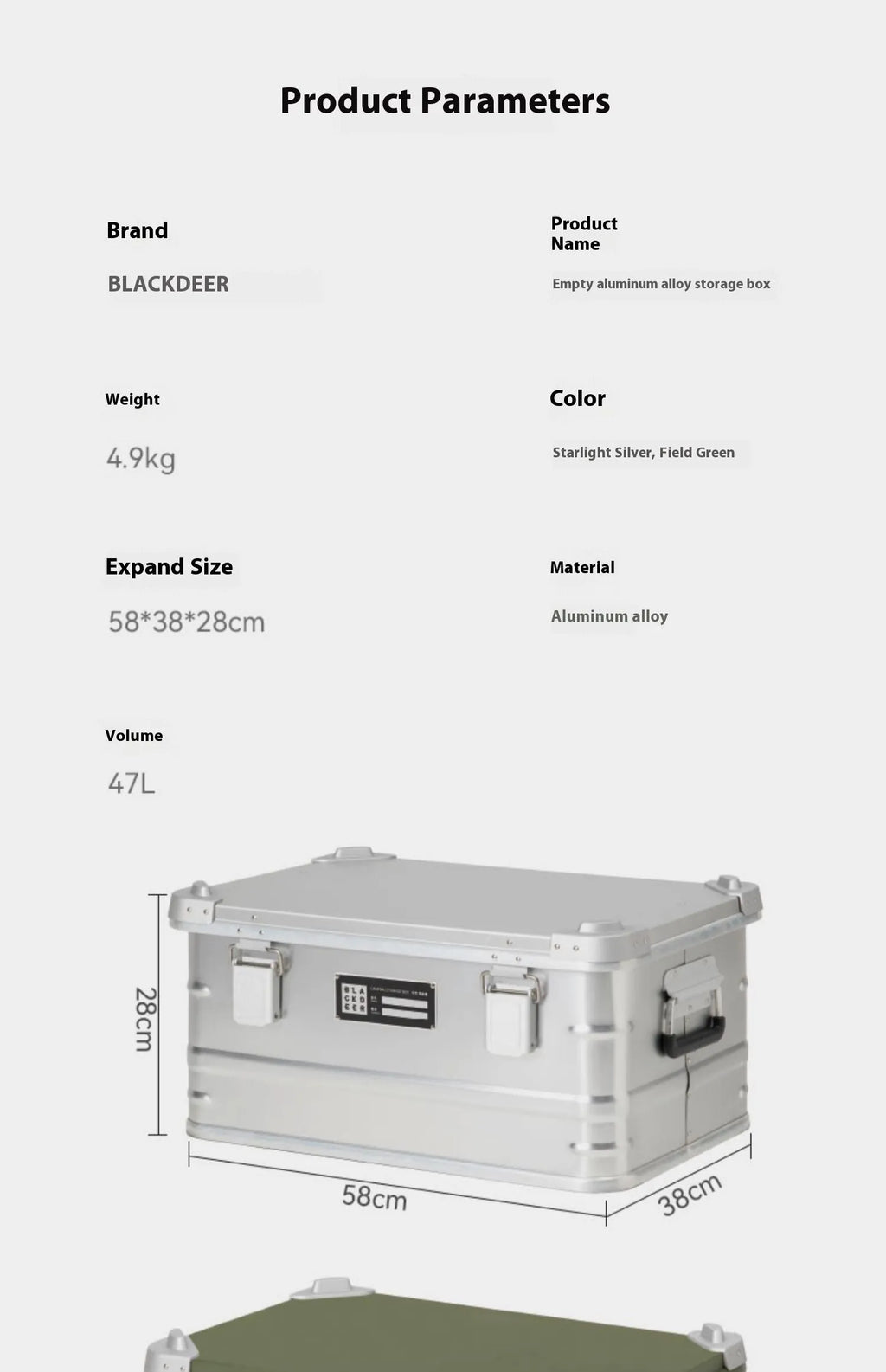 Field green aluminium alloy camping storage box with dimensions 58cm by 38cm by 28cm