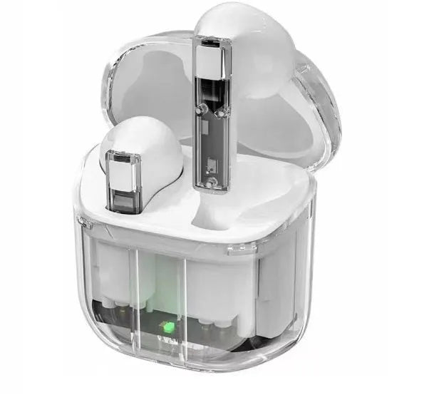 Transparent case true wireless Bluetooth earphones in light blue with digital display screen.