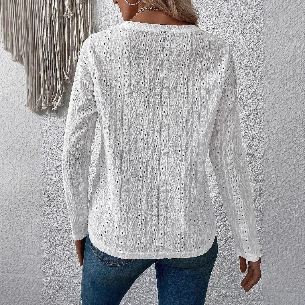 White loose fit long sleeve T-shirt with round neck and hollow polyester texture