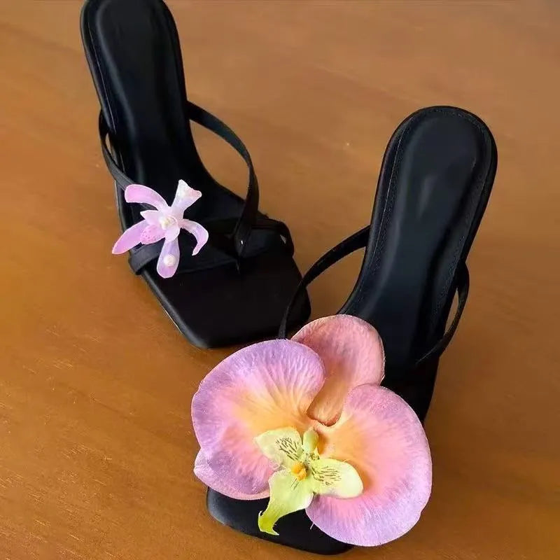Handmade women's asymmetric flower high-heel sandals in calf leather with a square toe