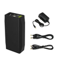 LF4100 compact 12V 76.8Wh lithium iron phosphate power bank with charger and cables.
